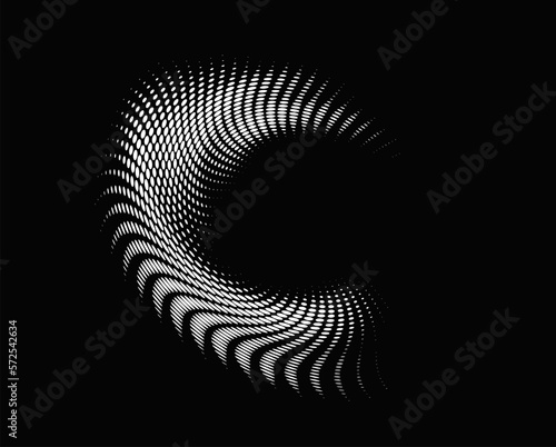 Perforated halftone outline of swirling transparent polka dots. Gauzy polka dot puncture contour. Vector stencil.