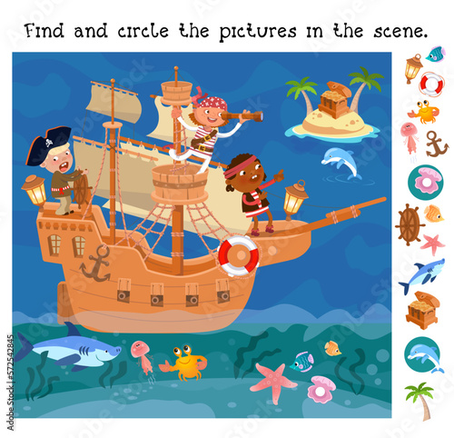 Find and circle objects. Educational puzzle game for children. Wooden old ship with sails and cannons. Cute pirates and sea creatures. Color illustration. 