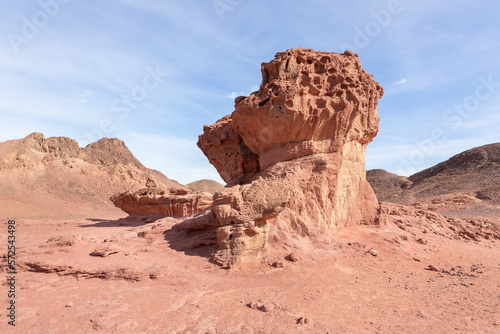 Mushroom rock, a rock formed by the erosion of red sandstone in the national park Timna, near the city of Eilat, in southern Israel
