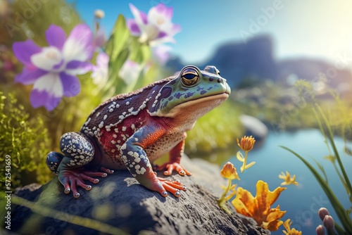 Colorful frog standing on rock surrounded by flowers and river background. Generative Ai