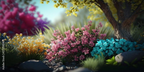 Beautiful Spring flowers background, Blooming colorful flowers field. Generative Ai