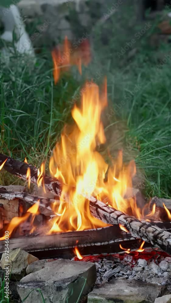 Close-up, firewood burns with fire against of green grass. Close-up, firewood burns with fire against of green grass.