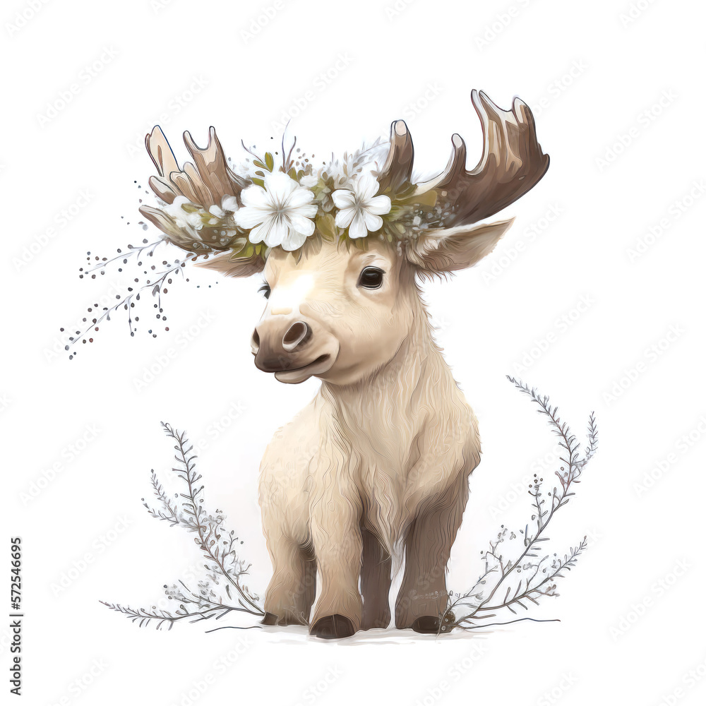 Smiling baby caribou in a floral crown made of spring flowers. Cartoon