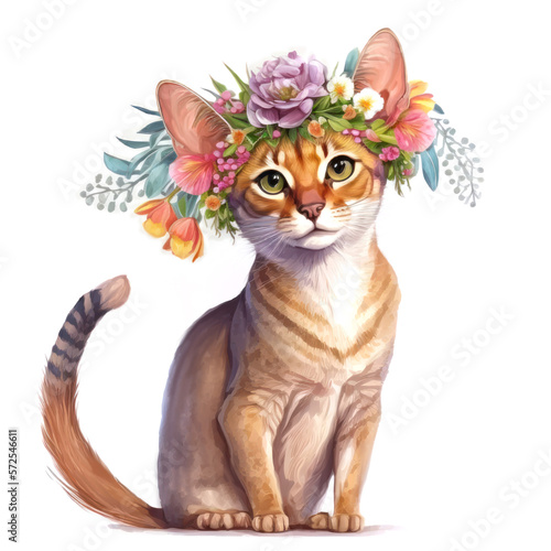Cat wearing a floral crown made of spring flowers. Cartoon character for postcard  birthday  children. Generative AI.