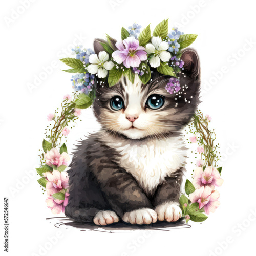 Black and white kitten in a floral crown made of spring flowers. Cartoon character for postcard, birthday, nursery decor. Generative AI.