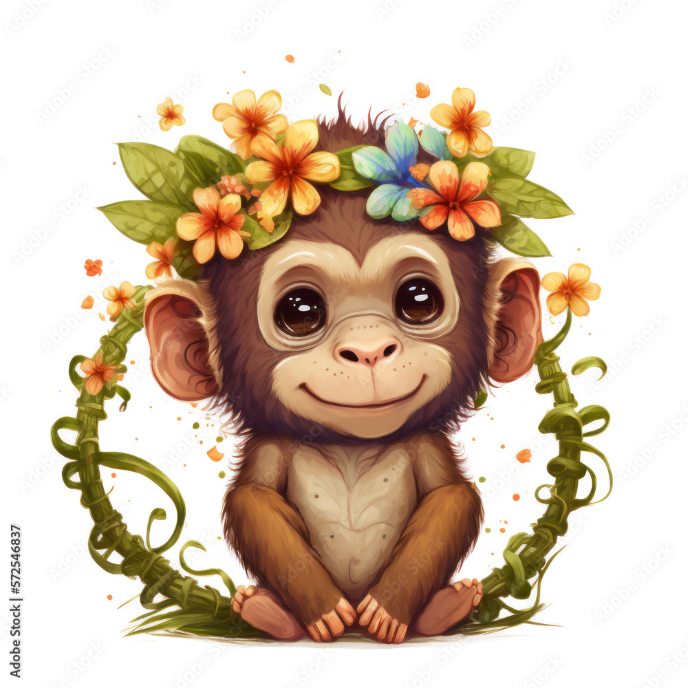 Smiling baby monkey in a floral crown made of spring flowers. Cartoon character for postcard, birthday, nursery decor. Generative AI. Smiling baby monkey in a floral crown made of spring flowers. Cartoon character for postcard, birthday, nursery decor. Generative AI.