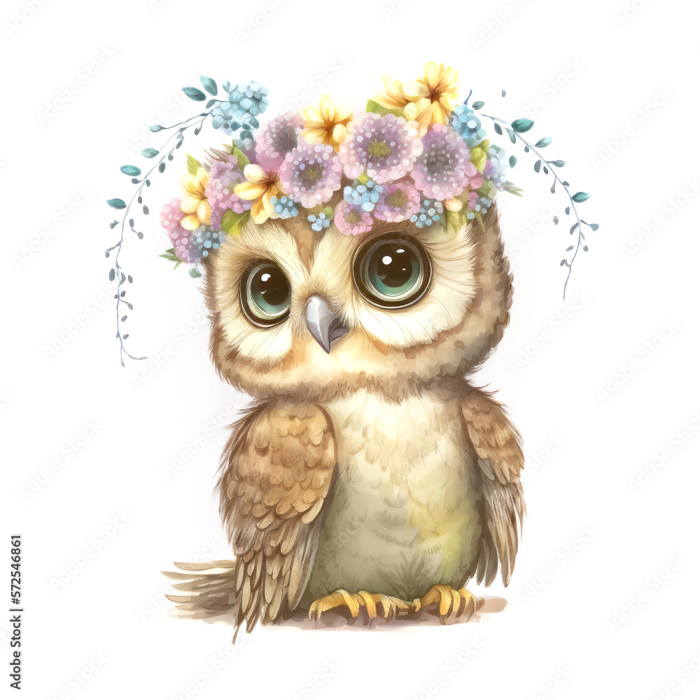 Obraz premium Cute baby owl in a floral crown made of spring flowers. Cartoon character for postcard, birthday, nursery decor. Generative AI.