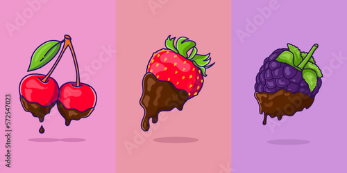 set with berries in chocolate. Vector single icons of strawberries, blackberries, cherries. Cartoon chocolate berries