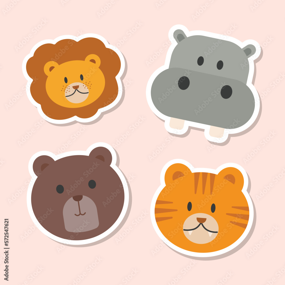 Animal cartoon faces vector icons set. Set of 4 animal (lion, hippopotamus, bear and tiger) stickers. Hand drawn vector illustration.