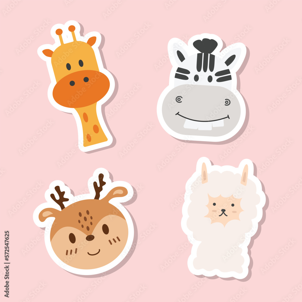 Animal cartoon faces vector icons set. Set of 4 animal (giraffe, zebra, deer and alpaca) stickers. Hand drawn vector illustration.