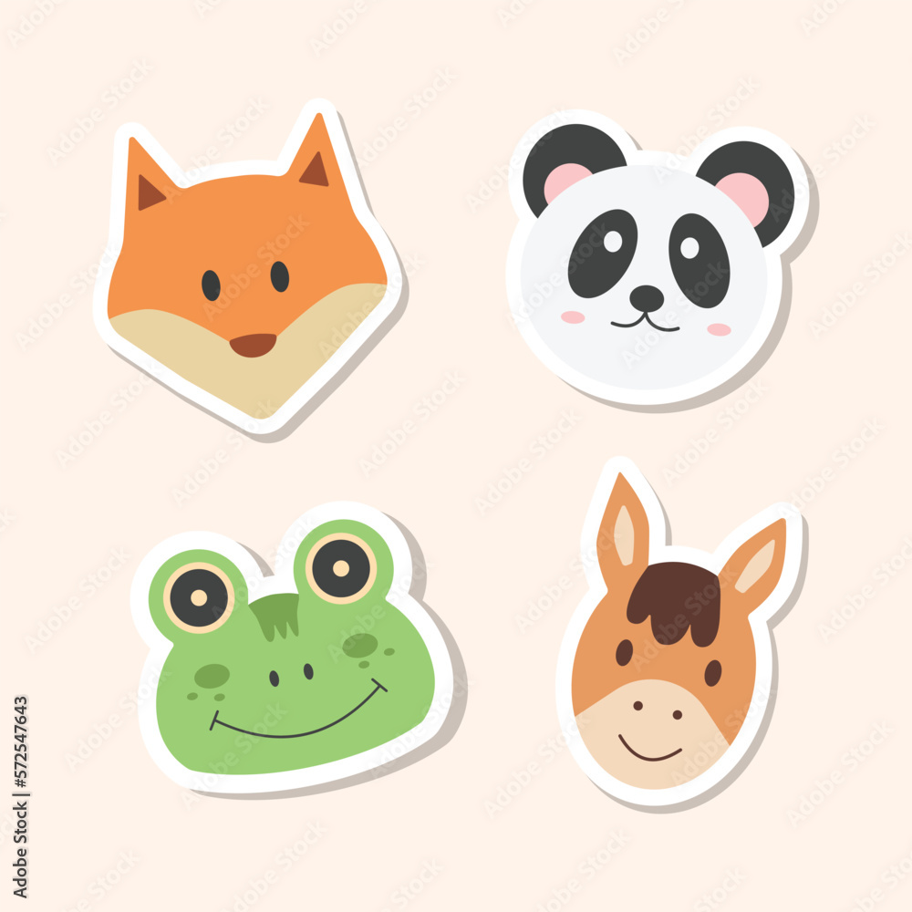 Animal cartoon faces vector icons set. Set of 4 animal (wolf, panda, frog and horse) stickers. Hand drawn vector illustration. Animal cartoon faces vector icons set. Set of 4 animal (wolf, panda, frog and horse) stickers. Hand drawn vector illustration.