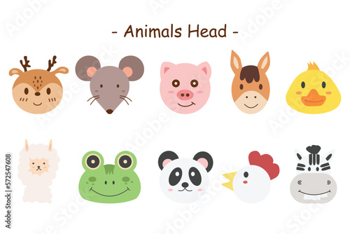 Animal cartoon heads by hand drawn style. Vector animal cartoon character illustration about deer, rat, pig, house, duck, alpaga, frog, panda, hen and zebra.