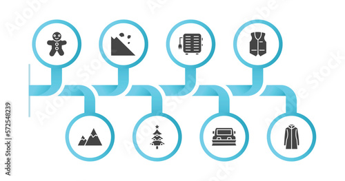 editable filled icons with infographic template. infographic for winter concept. included gingerbread man, avalanche, electric heater, anorak vest, snowy mountain, christmas tree, snowplow, fur coat