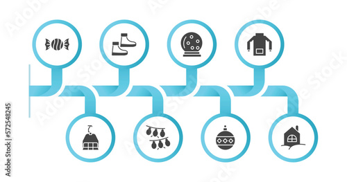 editable filled icons with infographic template. infographic for winter collection. concept. included candy, snowshoes, snow globe, winter clothes, ski lift, lights, bauble, chalet icons.