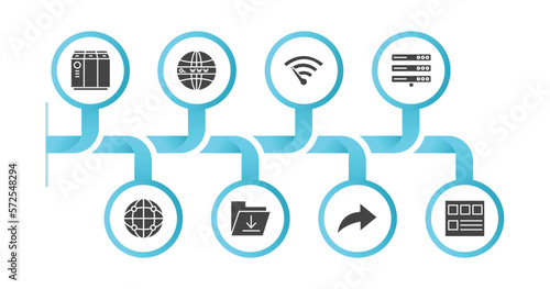 editable filled icons with infographic template. infographic for web hosting concept. included raid, domains, bandwidth, dns, globe network, upload file, forwarding, mockup de icons.