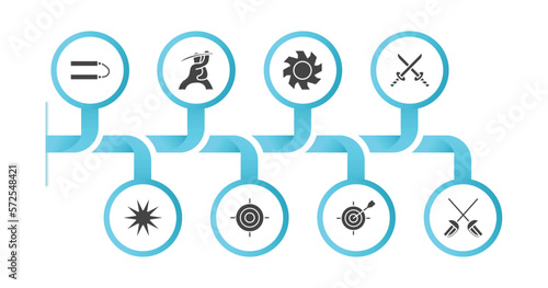 editable filled icons with infographic template. infographic for weapons concept. included japanese nunchaku, samurai, blade, 2 katanas, burst, shooting target, dart board game, sabre icons.