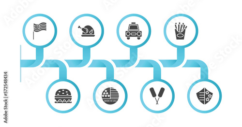 editable filled icons with infographic template. infographic for united states of america concept. included patriotic, roasted turkey, cab, french fries, burger, made in usa, corndog, usa shield