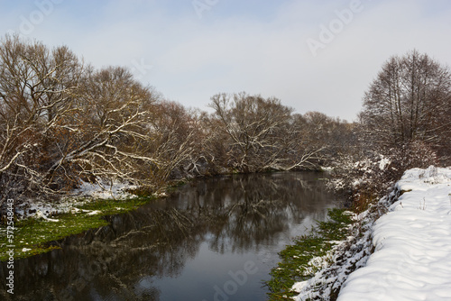 The river flows through the forest. In late fall in the forest the trees stand leafless and reflected in the water of the river After the snowfall, snow lies on the river banks and on the trees