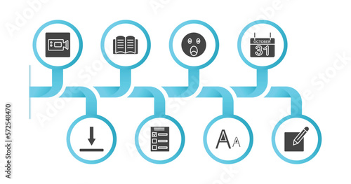 editable filled icons with infographic template. infographic for user interface concept. included facetime, book opened at center, shocked smile, octuber 31, bottom, test quiz, fonts, compose icons.