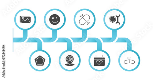 editable filled icons with infographic template. infographic for user interface concept. included images, winking smile, unlink, work tools, gradient, tracking, heart on calendar, disconnected