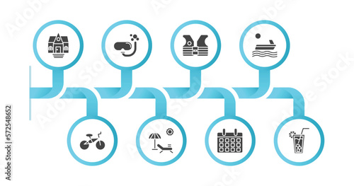 editable filled icons with infographic template. infographic for travel concept. included bungalow, scuba diving, lifejacket, water craft, bike, sun bath, date, lemonade icons.