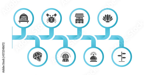 editable filled icons with infographic template. infographic for travel concept. included bellhop, crab, food stand, shell, parasailing, christ, hotel bell, icons.
