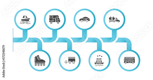 editable filled icons with infographic template. infographic for transportation concept. included pt boat, camper car, sport car, tanker, inline skates, oxcart, icebreaker ship, double decker bus
