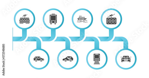 editable filled icons with infographic template. infographic for transportation concept. included light rail, trolleybus, ferry boat, funicular railway, compact car, eco-friendly transport, metro,