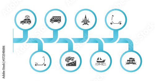 editable filled icons with infographic template. infographic for transportation concept. included police car, minibus, military airplane, micro scooter, kick scooter, off road, yawl, caboose icons.