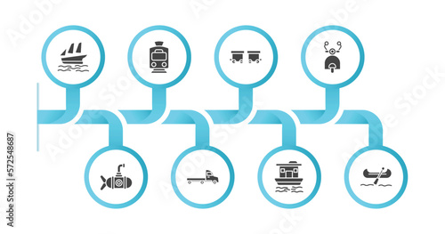 editable filled icons with infographic template. infographic for transportation concept. included schooner, tram, wagon, scooter front view, small submarine, flatbed lorry, houseboat, gondola icons.
