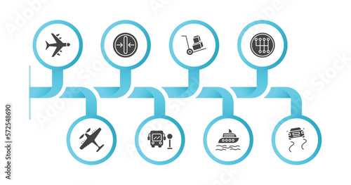 editable filled icons with infographic template. infographic for transport concept. included airplane flying, slim, cart with boxes, gearshift, light aircraft, school bus stop, luxury yacht, slippy