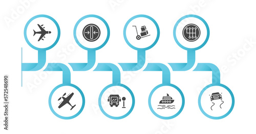 editable filled icons with infographic template. infographic for transport concept. included airplane flying  slim  cart with boxes  gearshift  light aircraft  school bus stop  luxury yacht  slippy
