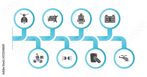 editable filled icons with infographic template. infographic for transport concept. included scooter bike, car repair, diesel train, workshop repair, delivery bike, car lights, hands free device,