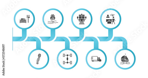 editable filled icons with infographic template. infographic for transport concept. included car parking, ferry carrying cars, train front view, airport checking, shock breaker, chassis, free