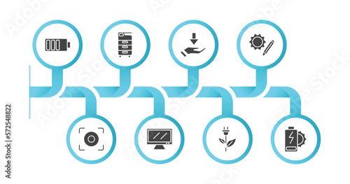 editable filled icons with infographic template. infographic for technology concept. included baterry, office printer, receive, customize, center focus, big tv, ecologic electricity, solar battery
