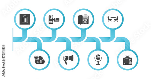 editable filled icons with infographic template. infographic for technology concept. included wired connection  little camcorder  fax phone  chairs  cloud analysis  modern horn  microphone voice 