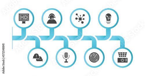 editable filled icons with infographic template. infographic for technology concept. included hd monitor, telemarketing, conection, ecologic bulb, asking, big old microphone, radar sweep, fryer