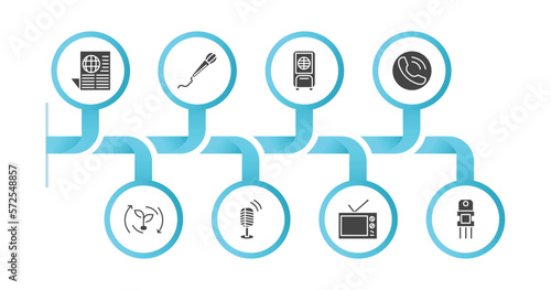 editable filled icons with infographic template. infographic for technology concept. included worlwide news, mic with long cable, air cooler, reciever, natural resources, vintage mic, old tv,