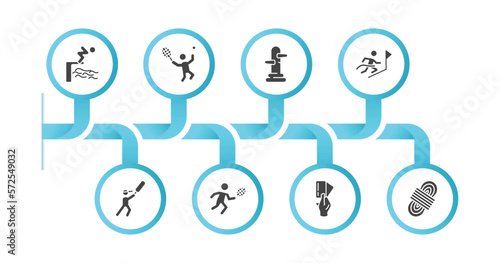 editable filled icons with infographic template. infographic for sports concept. included swimming jump, man playing tennis, wing chun, winning the race, bats man, man playing badminton,