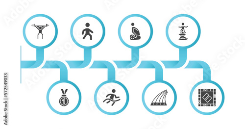 editable filled icons with infographic template. infographic for sports concept. included man lifting weight, pedestrian walking, exercise gym, man balancing, medal with number 1, marathon champion,