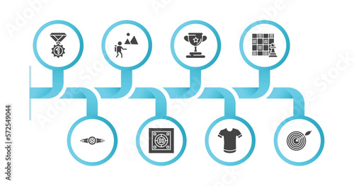 editable filled icons with infographic template. infographic for sports concept. included champion, adventure, sport trophy, game board, boxer with belt, dohyo, short sleeves, dartboard and dart