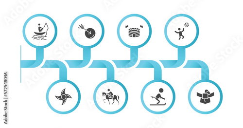 editable filled icons with infographic template. infographic for sports concept. included fishing man, ball arrow, estadio, man playing volleyball, ninja shuriken, horseback, skier skiing, mawashi