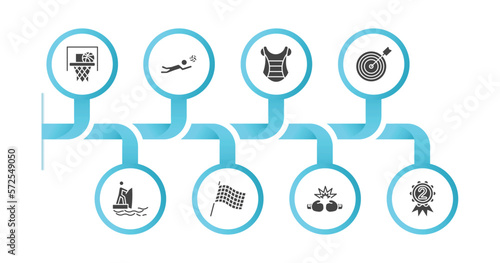 editable filled icons with infographic template. infographic for sports concept. included basketball basket, volleyball motion, chest guard, bullseye, fisher fishing, chequered flag, two boxing