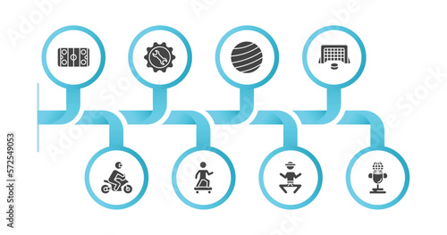 editable filled icons with infographic template. infographic for sports concept. included hockey arena, equipment, gym ball, hockey goal, motorbike riding, skating, wushu, world cup icons.