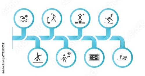 editable filled icons with infographic template. infographic for sports concept. included swimming man, golf player, number one athlete, skiing down hill, cartwheel, man award, football pitch,