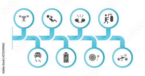 editable filled icons with infographic template. infographic for sports concept. included weight lifting, man doing pushups, boxing glove, man punching, drift car, batter, dartboard with dart, race