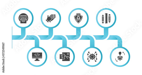 editable filled icons with infographic template. infographic for startup stategy and concept. included franchise, clap, startup shield, stationery, web development, sway, resources, adaptation