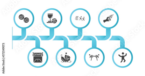 editable filled icons with infographic template. infographic for sports concept. included ball pool, basketball champion, running a race, starting gun, starting line, person riding on sleigh, two