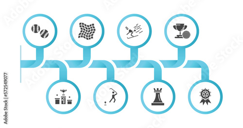 editable filled icons with infographic template. infographic for sports concept. included baseball ball, fishing net, skiing, golf champion, podium with cup, golf player hitting, tower from a chess,