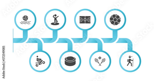 editable filled icons with infographic template. infographic for sports concept. included waterpolo, dancing motion, basketball court, football ball, motocross, hockey puck, tennis game, trekking